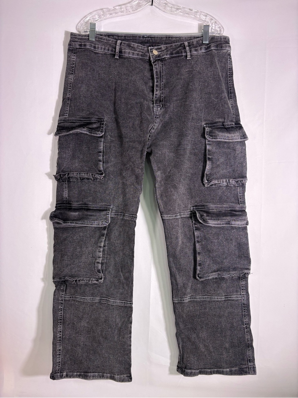 Washed Black Cargo Jeans Multi Pocket Baggy Y2K Utility Grunge 3XL